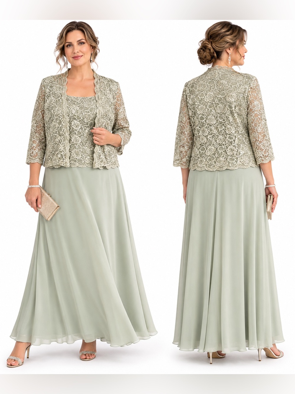David’s Bridal Plus 14W 2-pc Sage Green Lace maxi Dress set Mother of Bride luxe